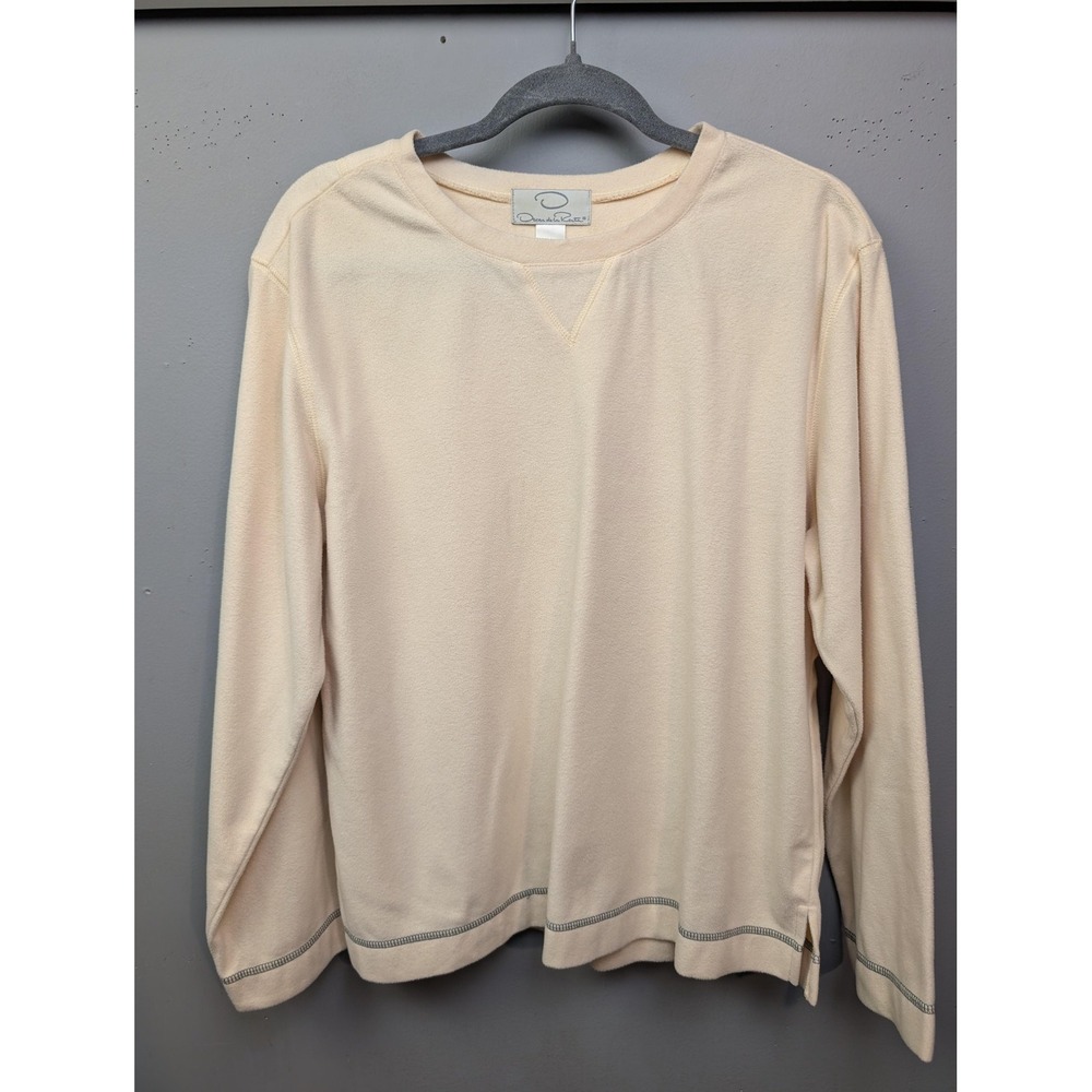 Oscar de la Renta Fleece Top Womens M Cream Pullover Contrast Stitch 14121